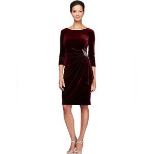 🌸HP🌸ALEX EVENINGS Stretch Velvet Ruched Petite Dress with Beaded Hip!